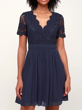 Lulu's Navy Scalloped Lace V-Neck Mini Dress